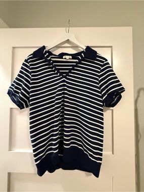 Navy & White Striped V‑Neck Knit Top